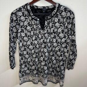 LUCKY BRAND tunic blouse, tan/cream/black, boho floral batik print, S